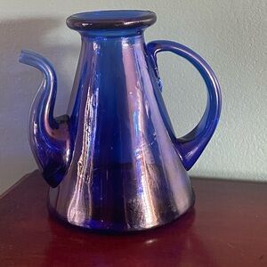 Vintage Cobalt Blue Glass Pitcher Vase With Handle Collectible Decor